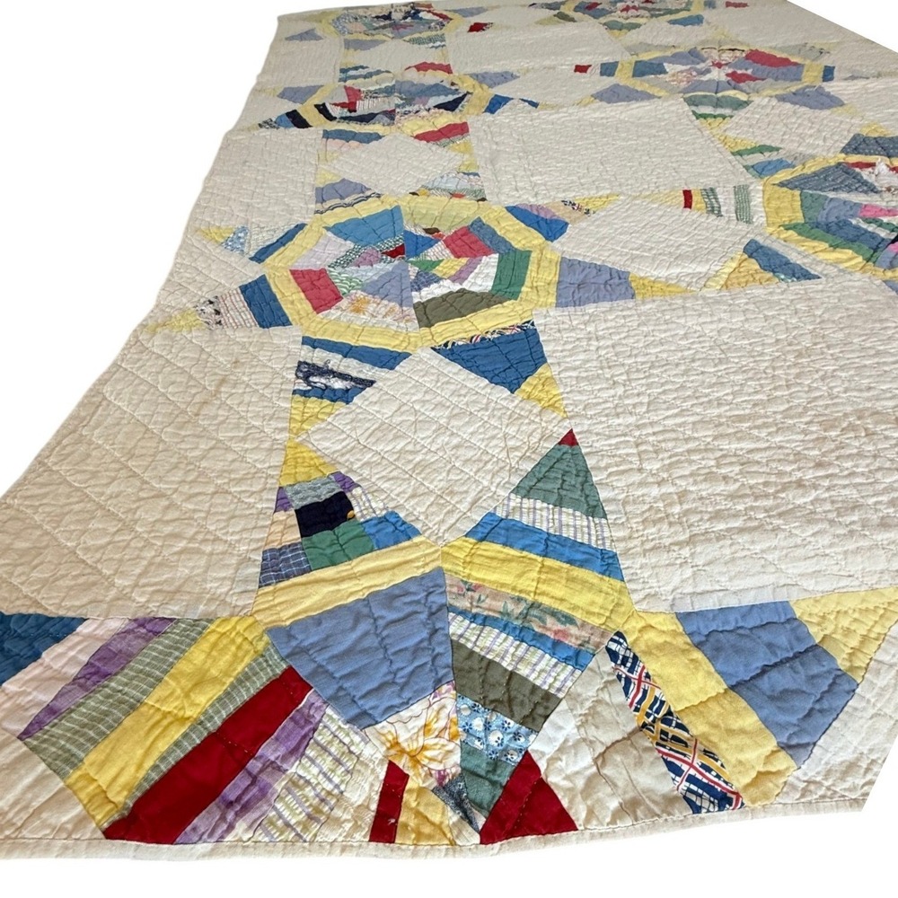 Vintage Handmade Patchwork Quilt Spider Web Wagon Wheel Feed 1930s sack Cotton - Picture 4 of 15